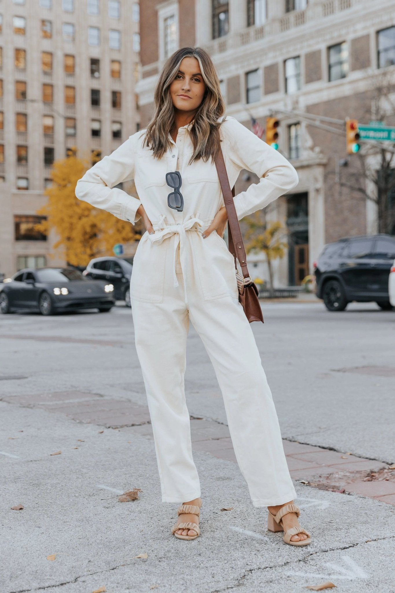 Glimpse Of Autumn Cotton Twill Utility Jumpsuit - VANILLA - FINAL SALE - JO+CO