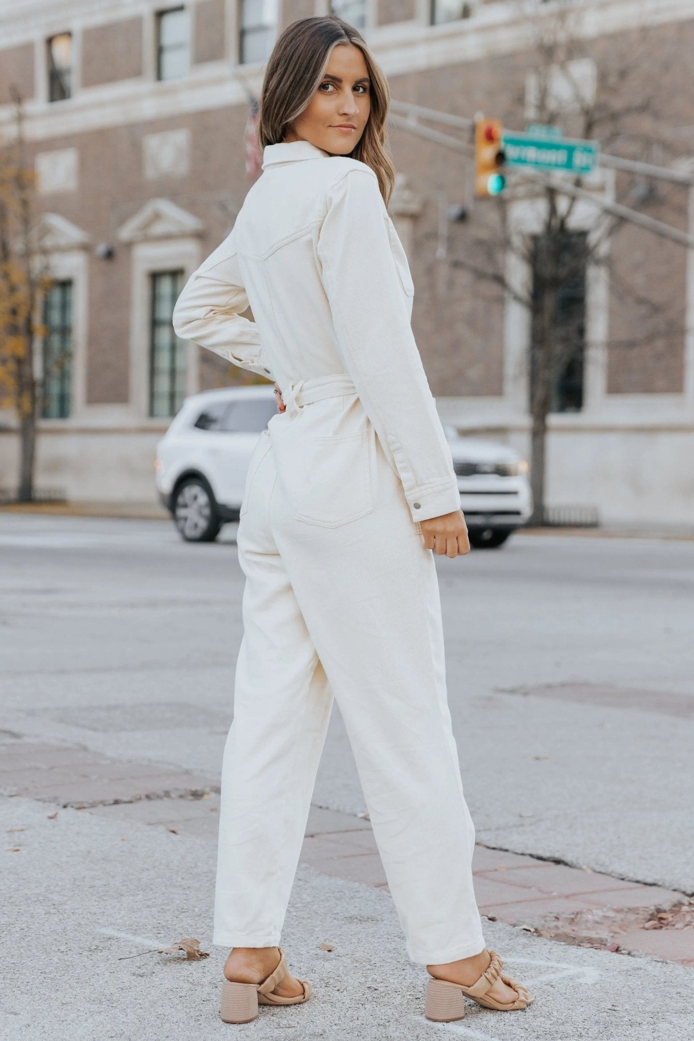 Glimpse Of Autumn Cotton Twill Utility Jumpsuit - VANILLA - FINAL SALE - JO+CO