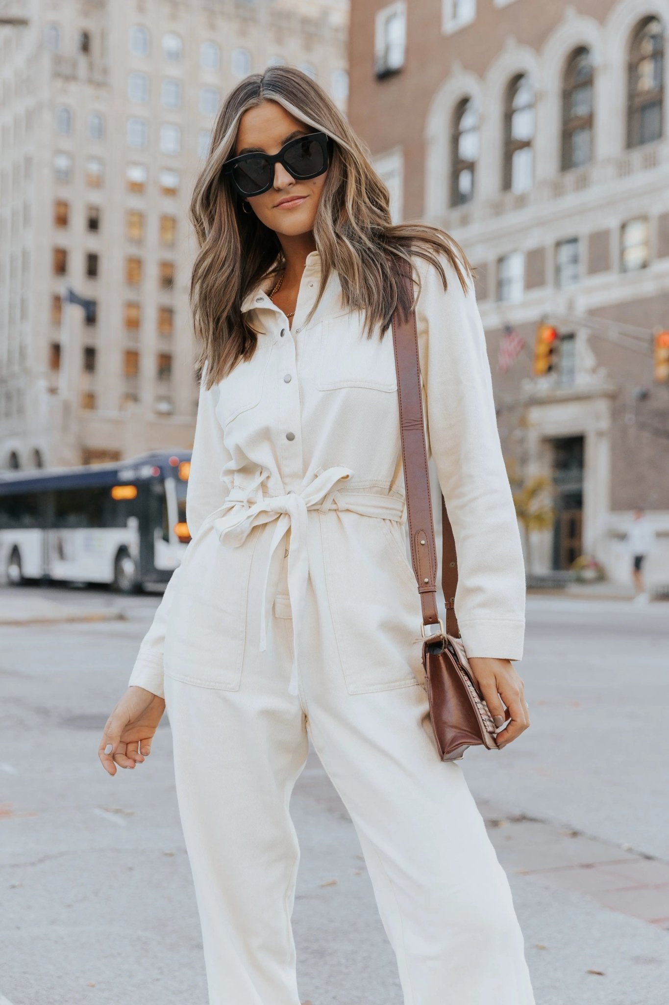 Glimpse Of Autumn Cotton Twill Utility Jumpsuit - VANILLA - FINAL SALE - JO+CO