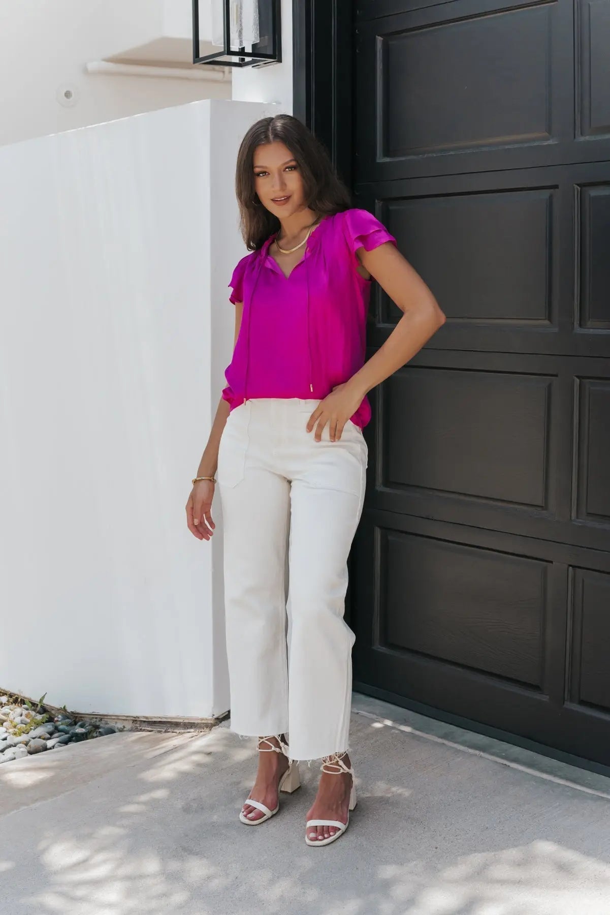 Isabelle Fuchsia Ruffle Sleeve Blouse - JO+CO