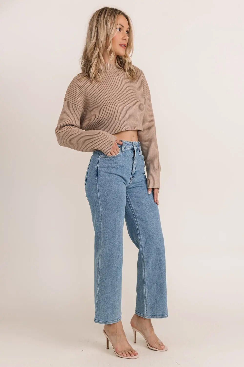 Phoenix Mocha Ribbed Crop Sweater - JO+CO