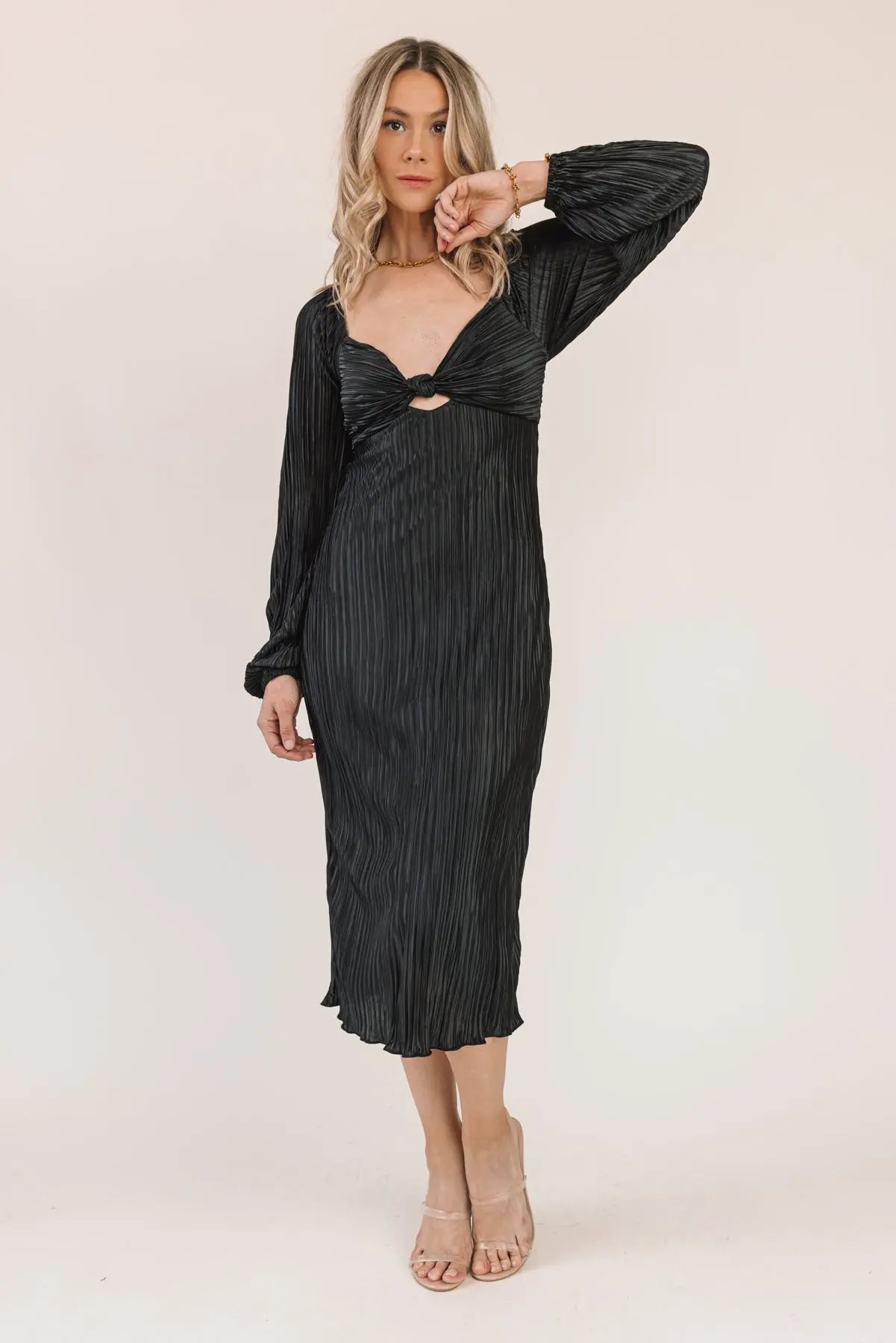 Raven Black Plisse Cutout Midi Dress - JO+CO