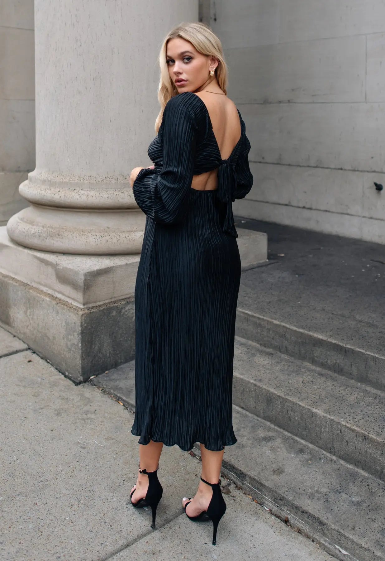 Raven Black Plisse Cutout Midi Dress - JO+CO