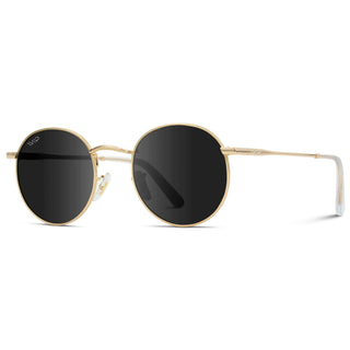 Round sunglasses with gold frame and black lenses on a white background