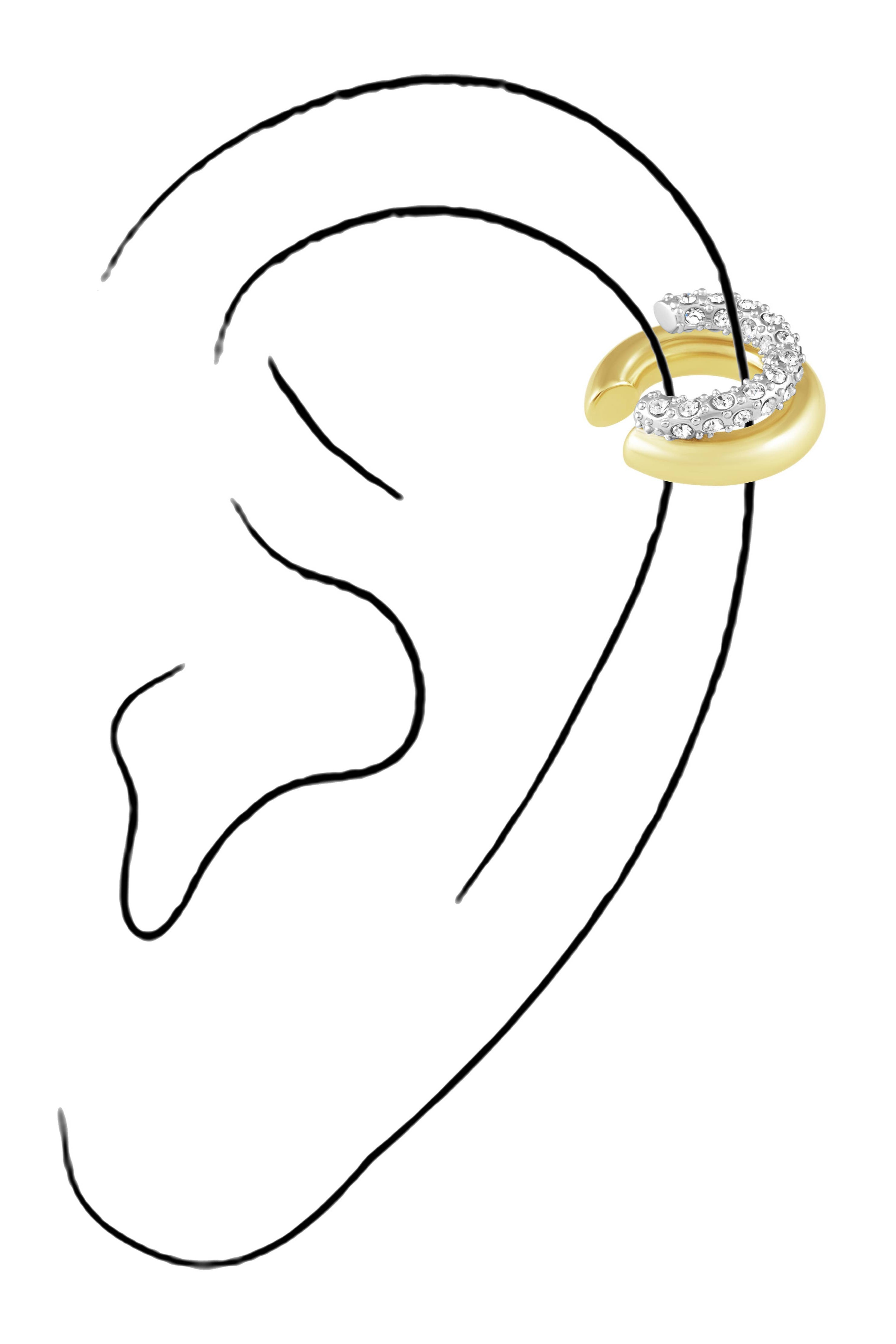 Gold earring worn on a black line drawing of an ear against a white background
