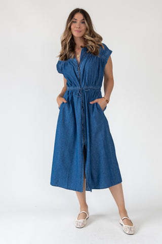 Brielle Zip-Front Denim Midi Dress
