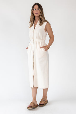 Elle Cream Knit Zip Midi Dress