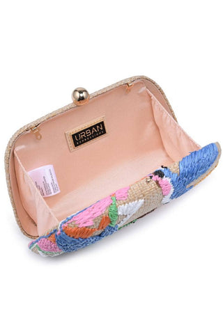 Colorful embroidered clutch bag with 'Urban' brand name on a white background