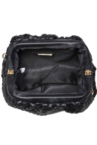 Black woven handbag with gold accents on a white background