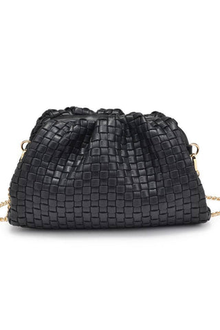 Black woven handbag with gold chain on a white background