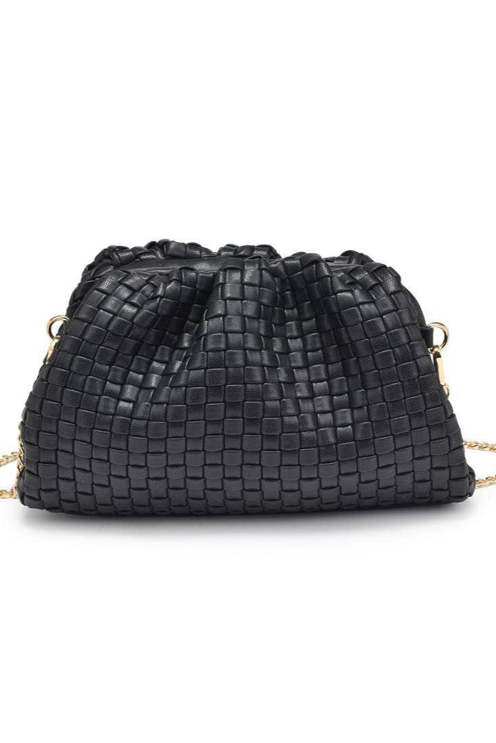 Black woven handbag with gold chain on a white background