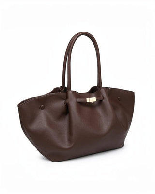 Brown handbag with a gold clasp on a white background