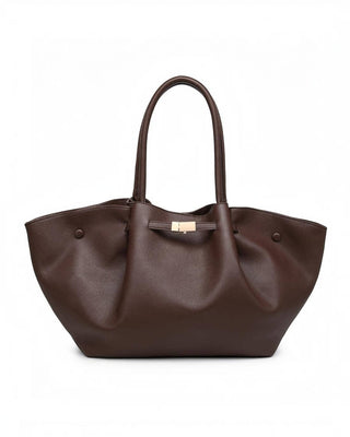 Brown leather handbag with a gold clasp on a white background