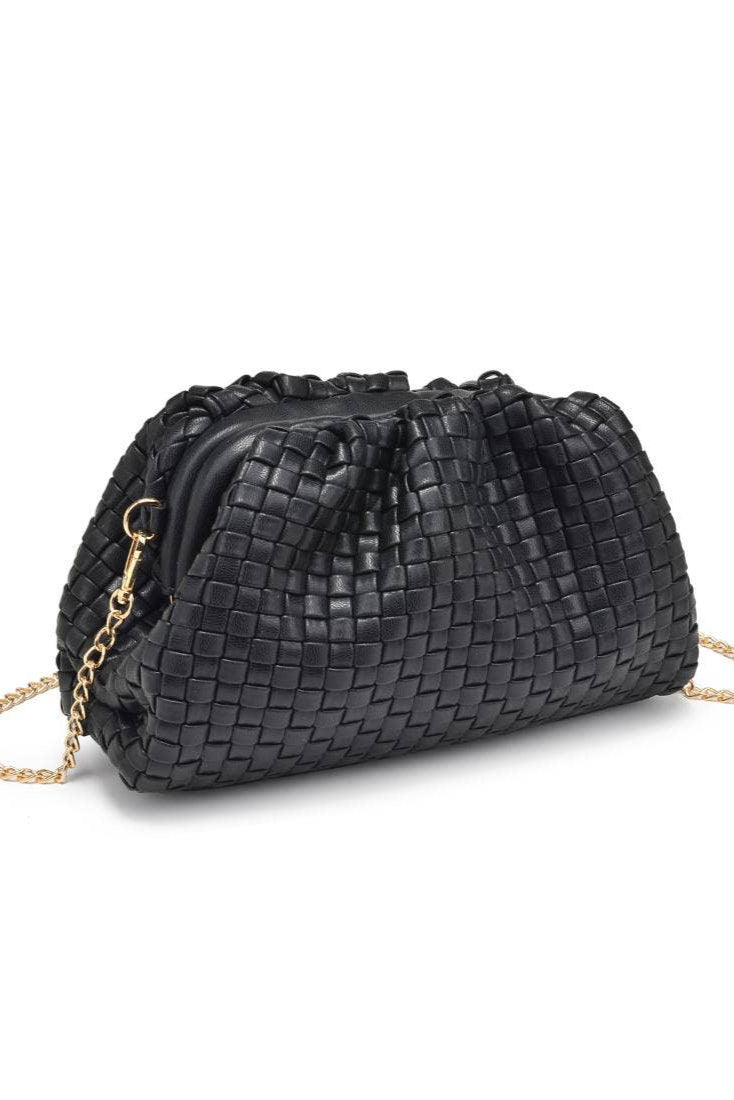 Black woven handbag with a gold chain on a white background