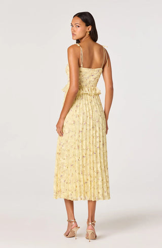 Woman wearing a yellow dress with floral pattern on a white background