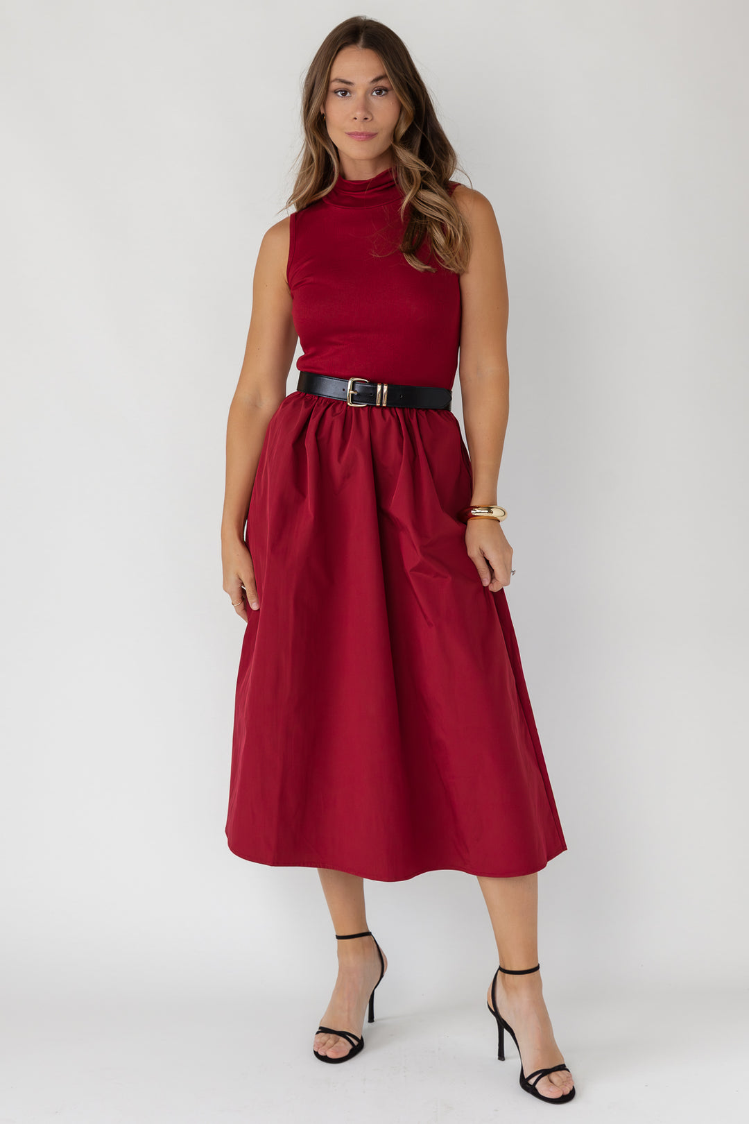Arden Mock Neck Midi Dress - Burgundy