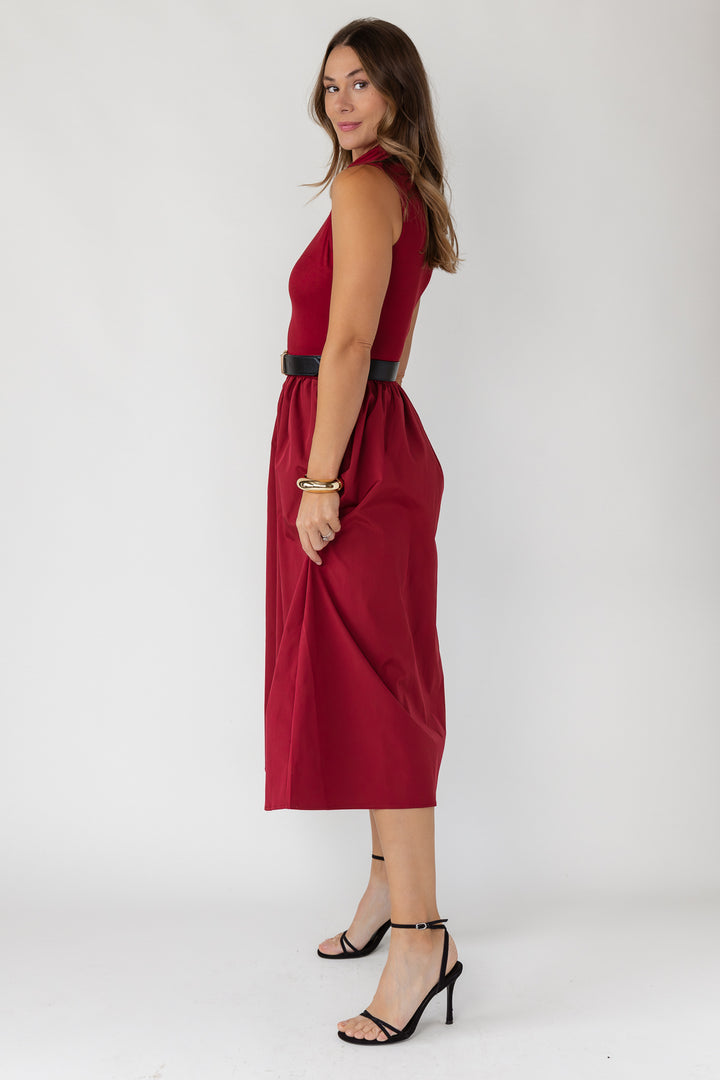 Arden Mock Neck Midi Dress - Burgundy