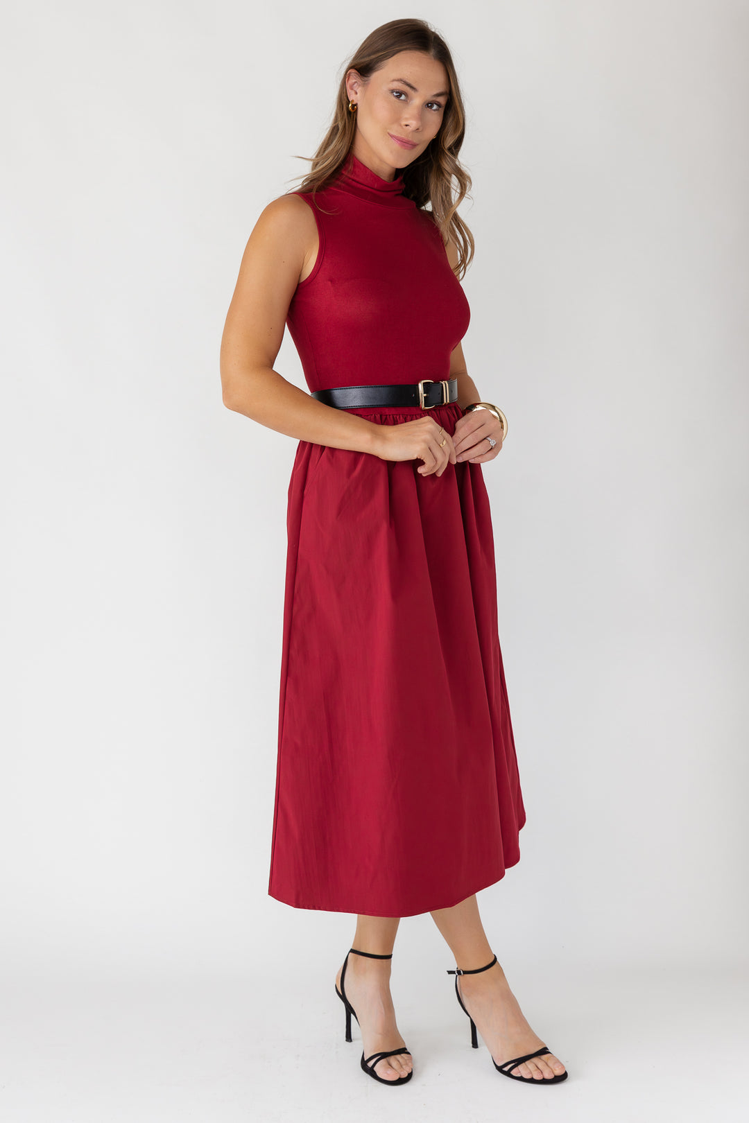 Arden Mock Neck Midi Dress - Burgundy