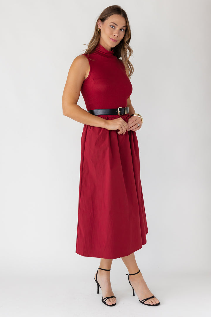 Arden Mock Neck Midi Dress - Burgundy