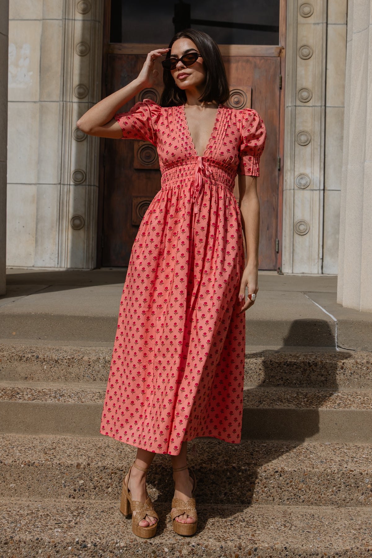 midi coral dress for wedding guest Fate: First Hand Coral Orange Floral Midi Dress Shop the Mint