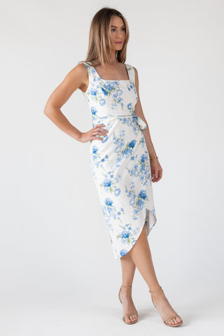 Blue Floral Wrap Midi Dress - Final Sale