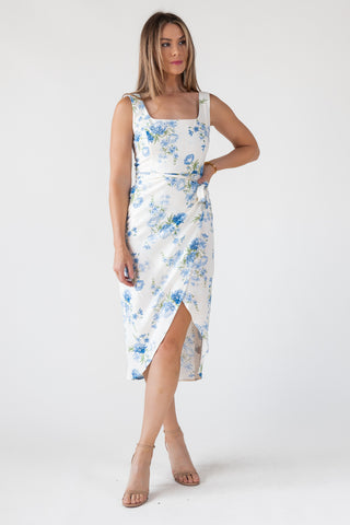 Blue Floral Wrap Midi Dress - Final Sale