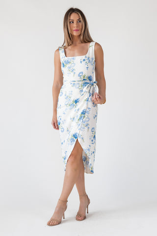 Blue Floral Wrap Midi Dress - Final Sale