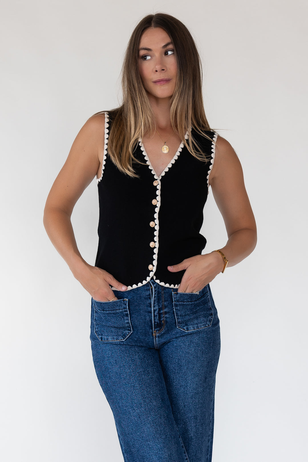 Caroline Black Scallop Sweater Vest