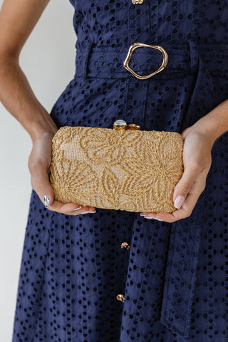 Women's Carter natural evening bag, structured floral embroidered box clutch with faceted jewel kiss-lock clasp and gold chain strap