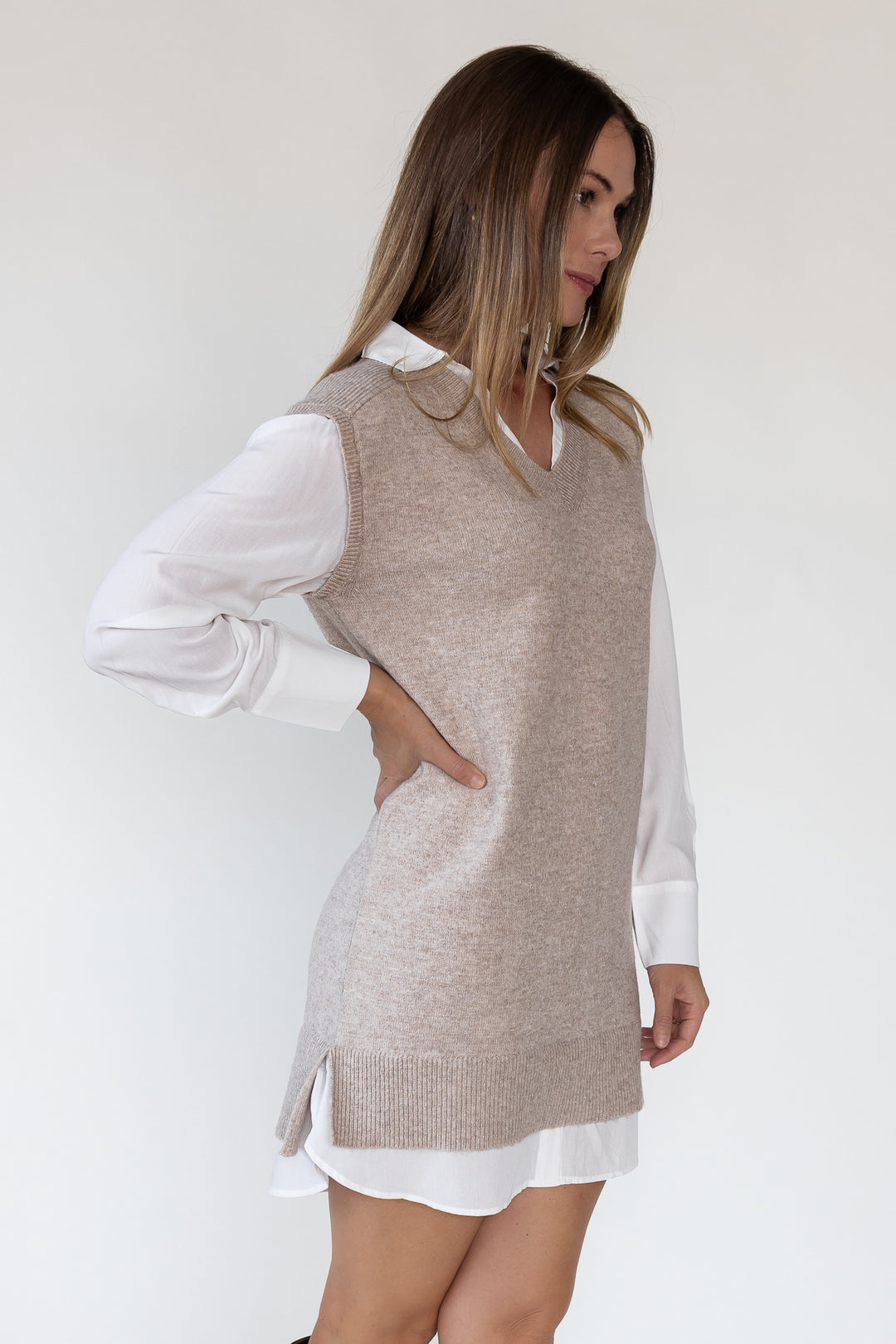 Christen Beige Mixed Media Shirt Dress