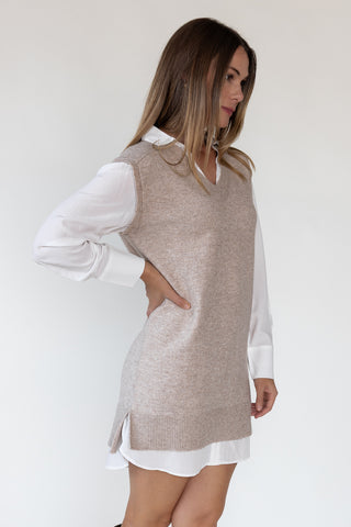 Christen Beige Mixed Media Shirt Dress