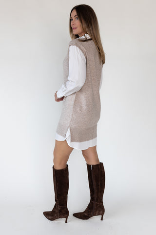 Christen Beige Mixed Media Shirt Dress