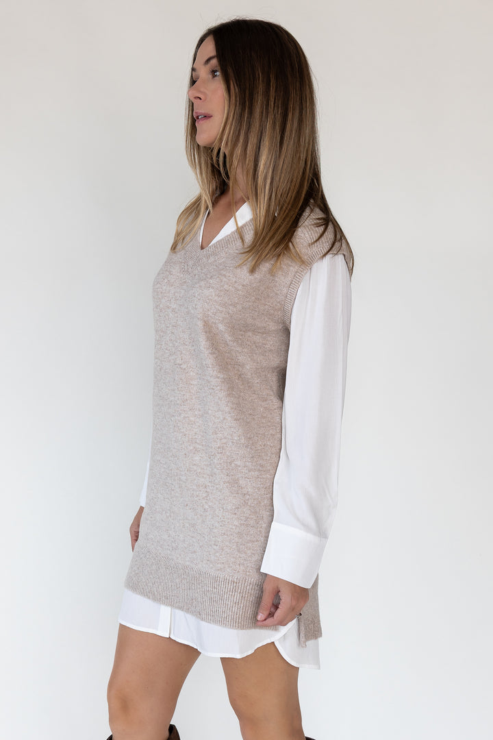 Christen Beige Mixed Media Shirt Dress