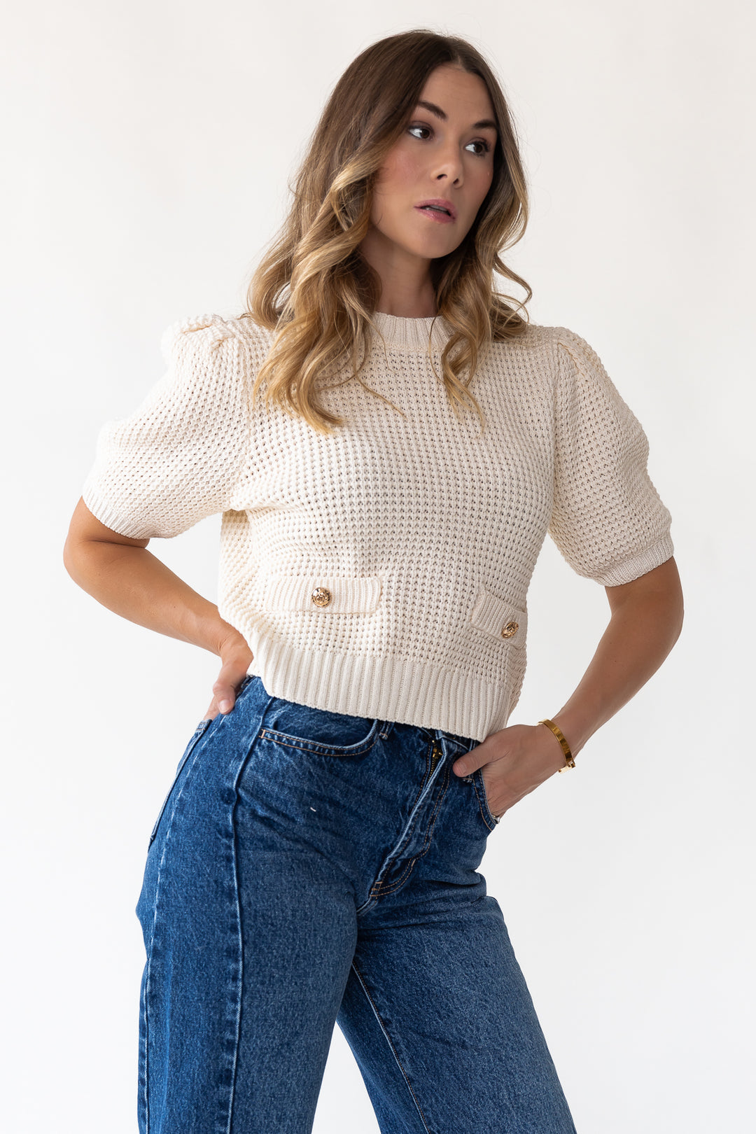 Simone Cream Waffle Knit Sweater