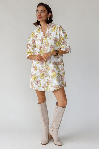 Daphne Floral Denim Dress - Off White