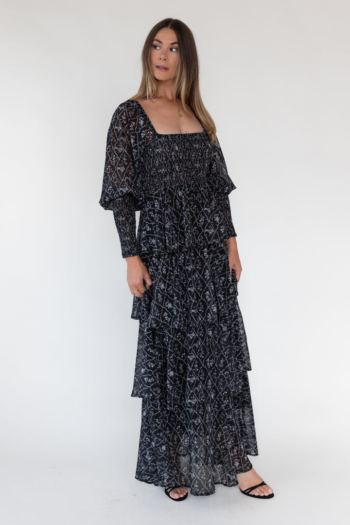 Florence Black Floral Tiered Maxi Dress