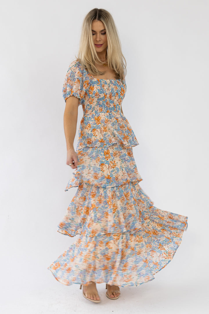 Garden Goddess Orange Floral Maxi Dress