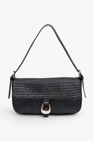 Chocolate handbag with a textured surface and gold accents on a white background