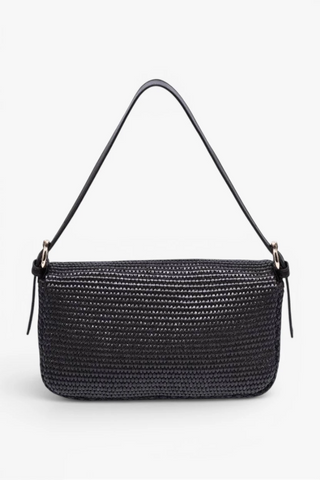 Chocolate woven handbag on a white background