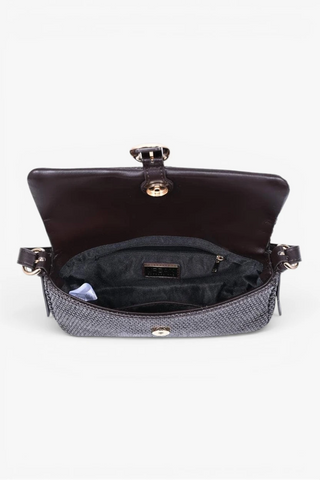 Open handbag with textured exterior and plain interior on a white background