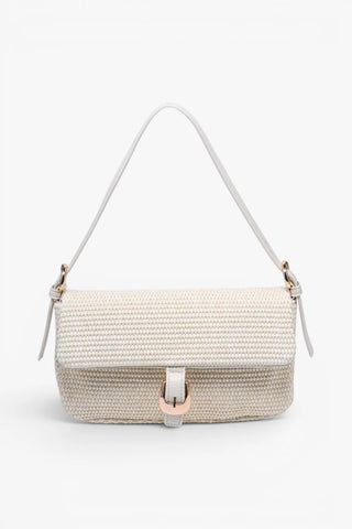 Woven handbag with a strap on a white background