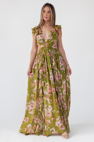 Green Floral Cutout Frilly Maxi Dress - Final Sale
