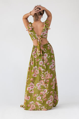 Green Floral Cutout Frilly Maxi Dress - Final Sale
