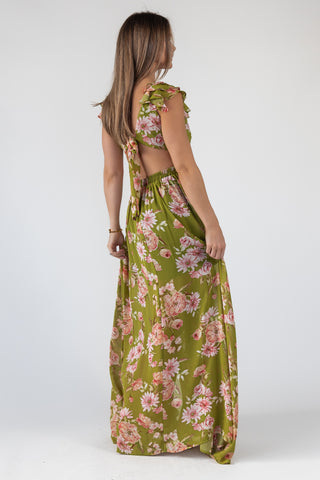 Green Floral Cutout Frilly Maxi Dress - Final Sale