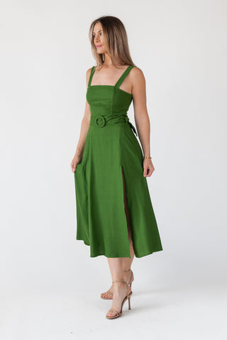 Green Linen Belted Midi Dress - Final Sale