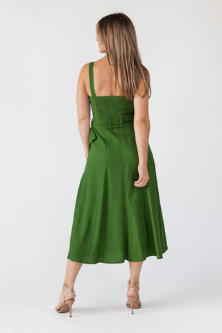 Green Linen Belted Midi Dress - Final Sale