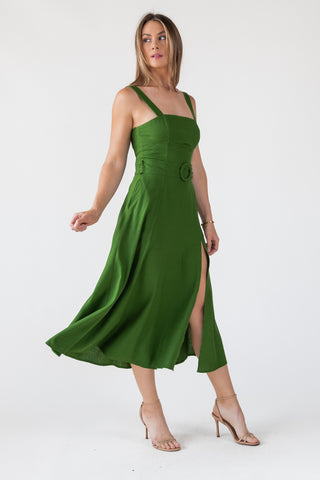 Green Linen Belted Midi Dress - Final Sale