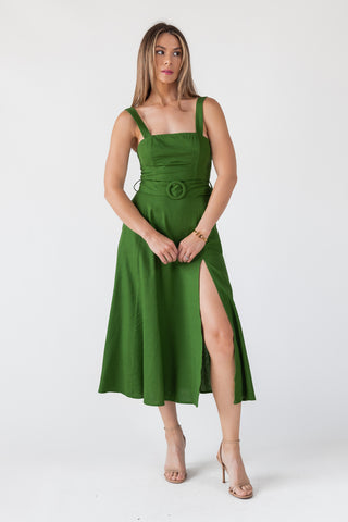 Green Linen Belted Midi Dress - Final Sale