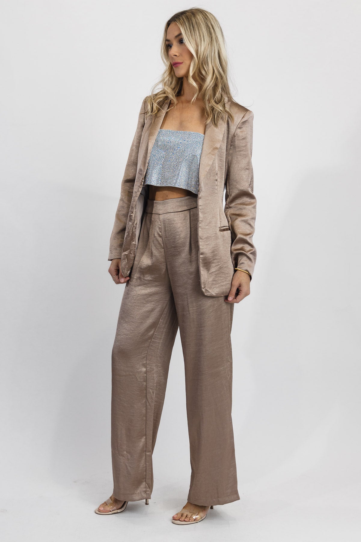 Talia Mocha Grey Satin Set Chic Blazer Pant Ensemble JO CO