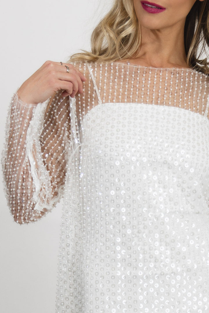 Gleaming Gala White Sequin Overlay Dress